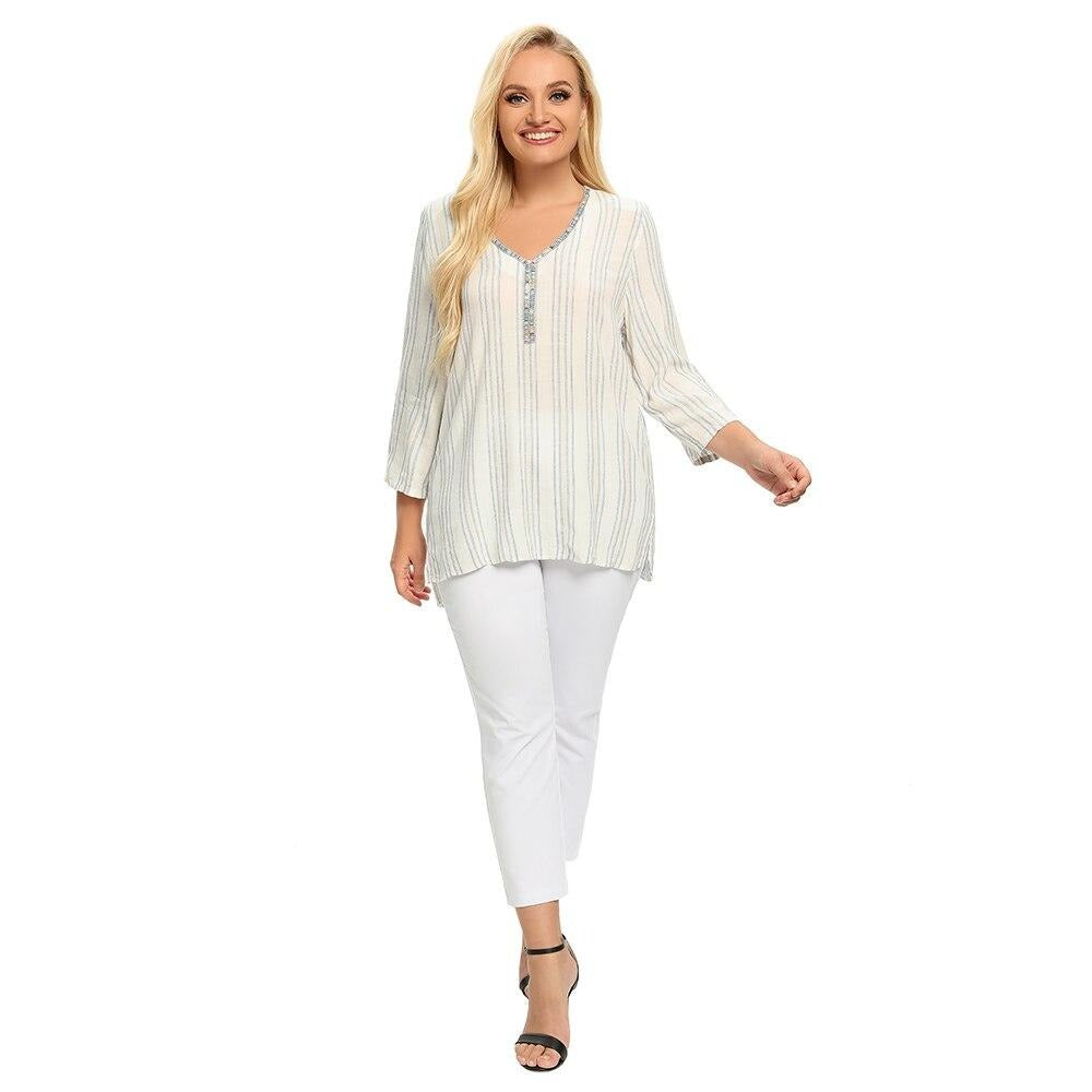 Women's plus size striped cotton top with long sleeves and a sparkly sequined V-neck design — view 4
