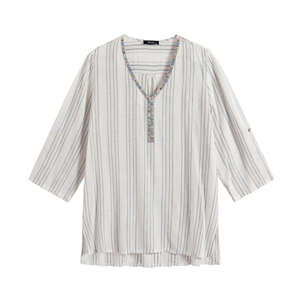 Women's plus size striped cotton top with long sleeves and a sparkly sequined V-neck design — view 5