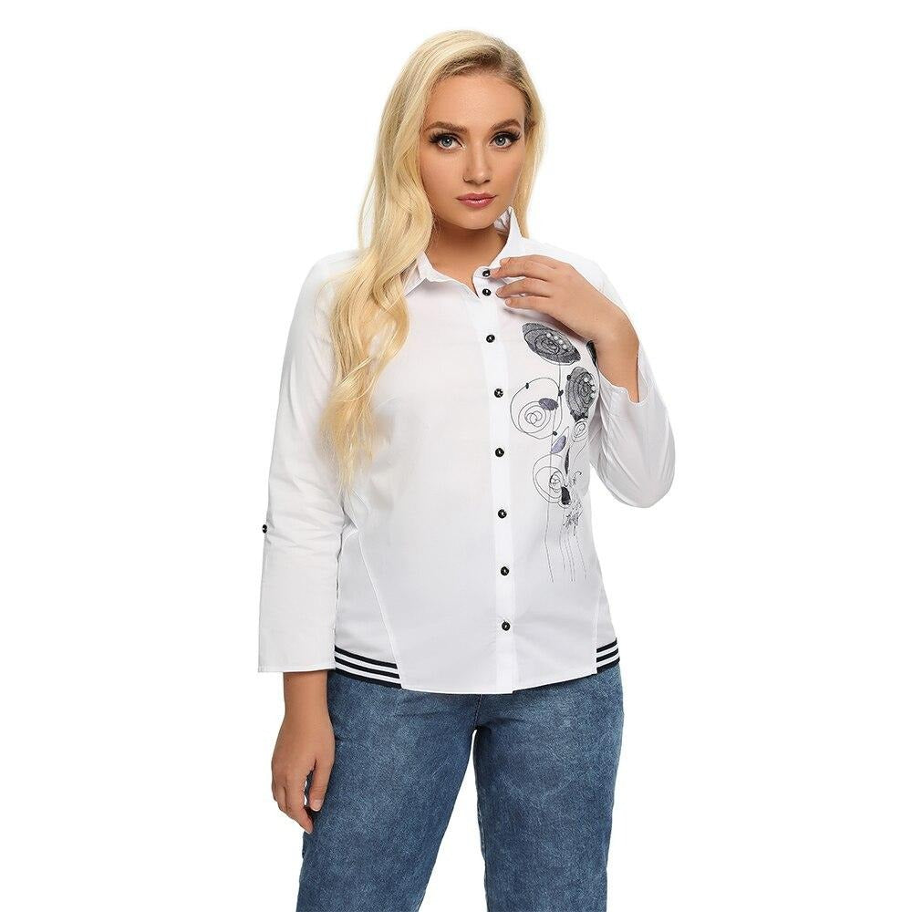 Women's plus size long sleeve printed cotton shirt with a beaded turn-down collar and button closure