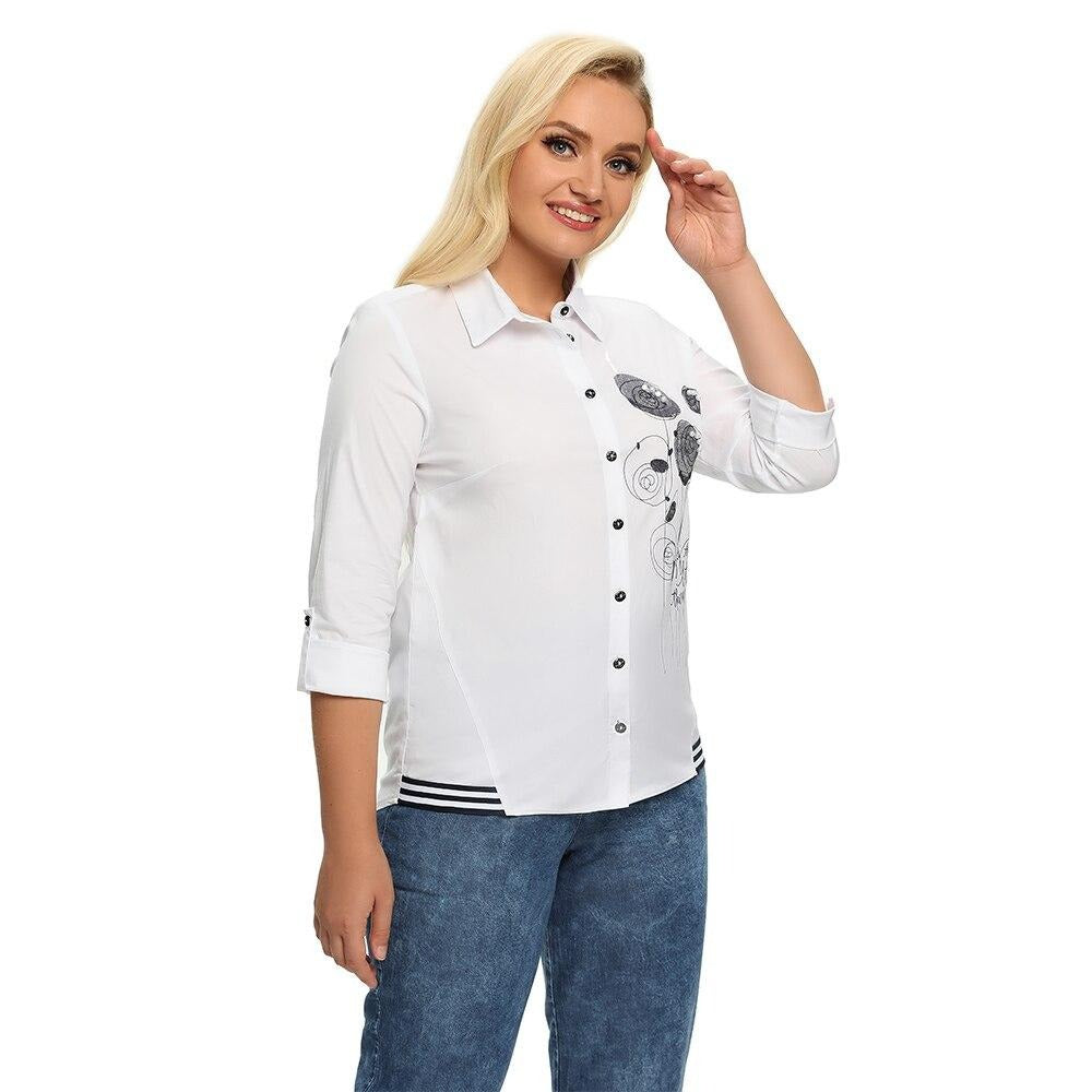 Women's plus size long sleeve printed cotton shirt with a beaded turn-down collar and button closure — view 4