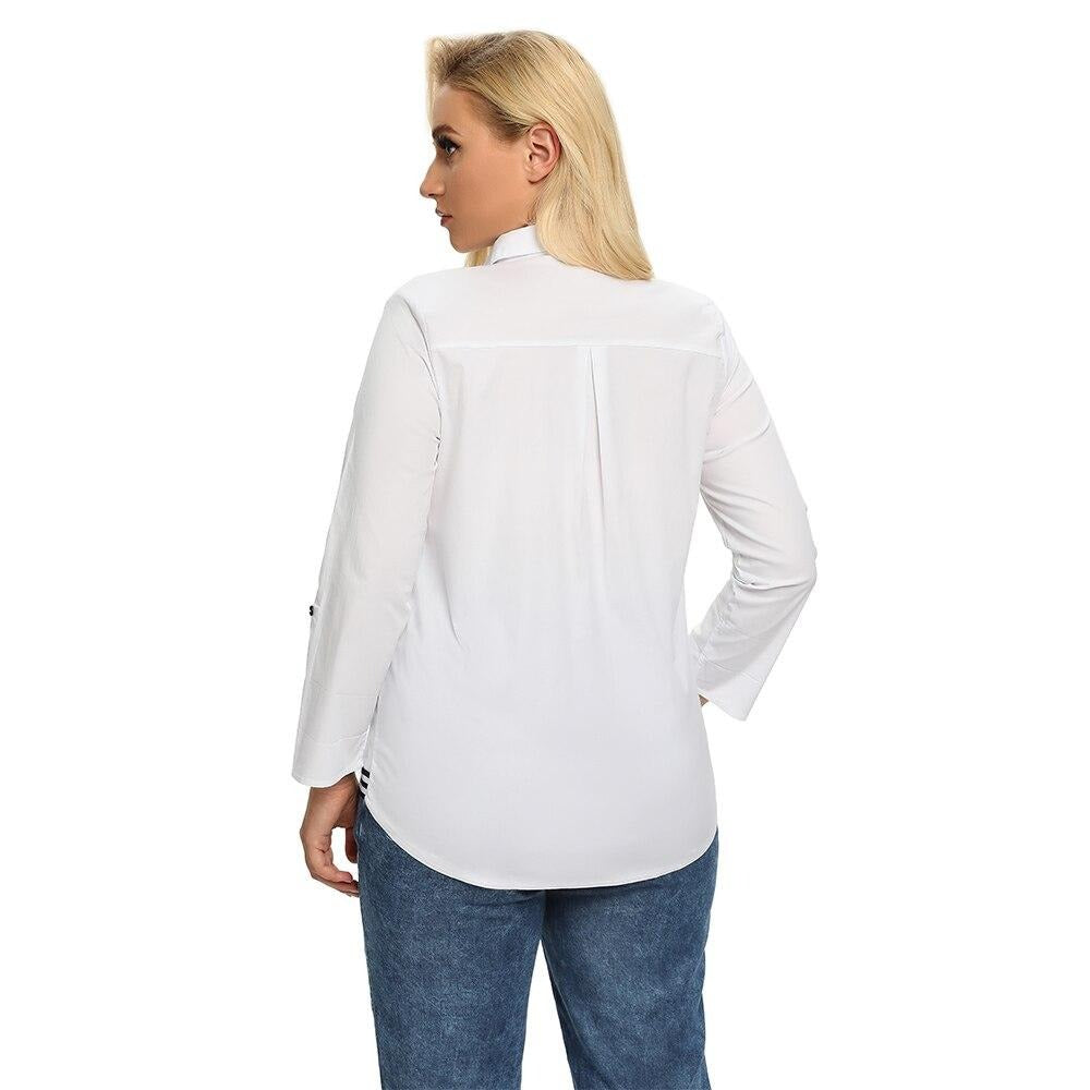 Women's plus size long sleeve printed cotton shirt with a beaded turn-down collar and button closure — view 2