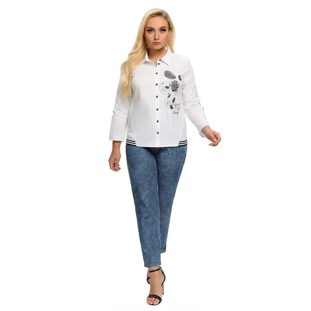 Women's plus size long sleeve printed cotton shirt with a beaded turn-down collar and button closure — view 3