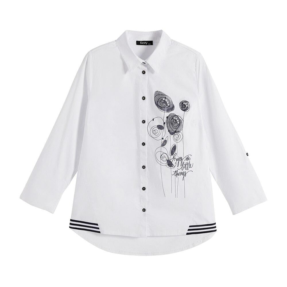 Women's plus size long sleeve printed cotton shirt with a beaded turn-down collar and button closure — view 5