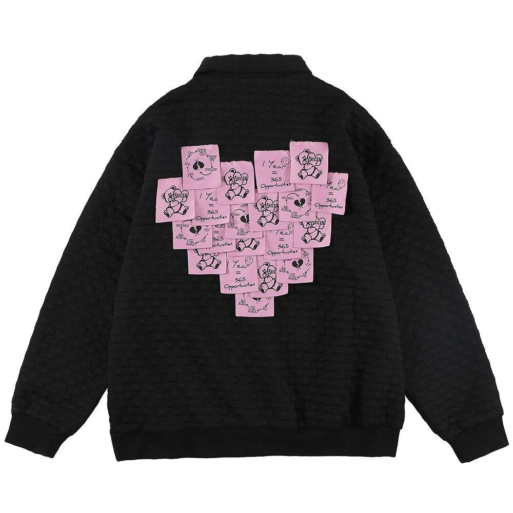 Loose fit oversized men's track jacket with heart-shaped sticky note appliques and ribbed cuffs