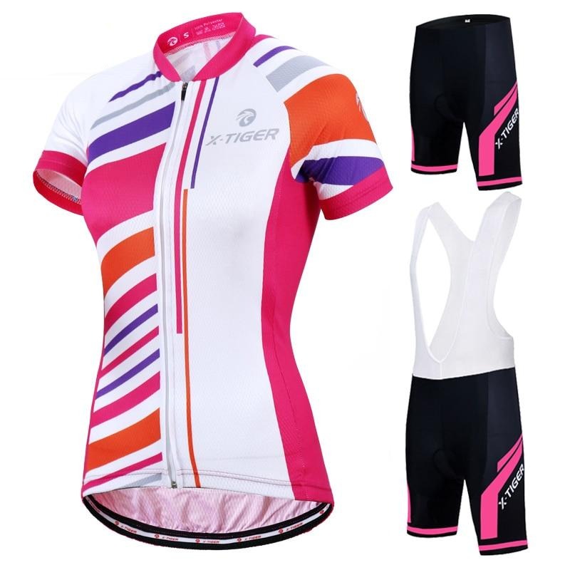 Women's short sleeve summer cycling jersey and lycra shorts set with breathable gel pad protection.