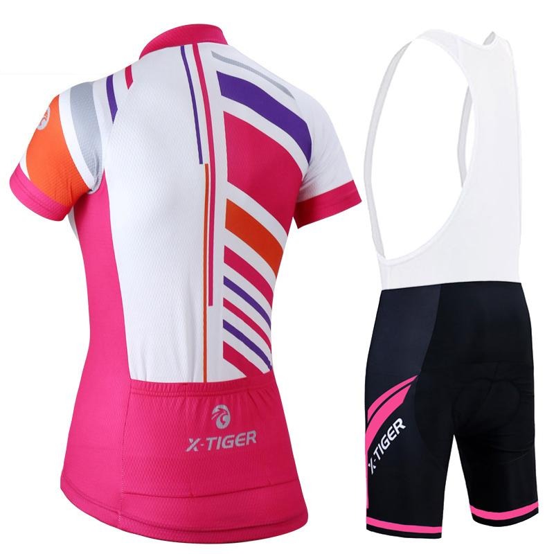 Women's short sleeve summer cycling jersey and lycra shorts set with breathable gel pad protection. — view 4