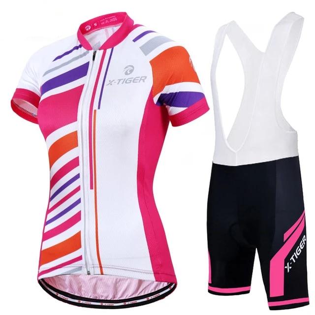 Women's short sleeve summer cycling jersey and lycra shorts set with breathable gel pad protection. — view 2