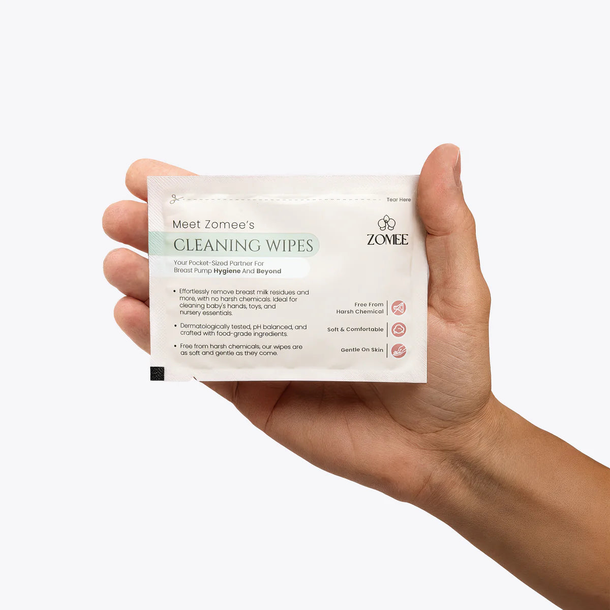 Breast pump cleaning wipes in portable packaging for safe waterless cleaning of baby feeding accessories