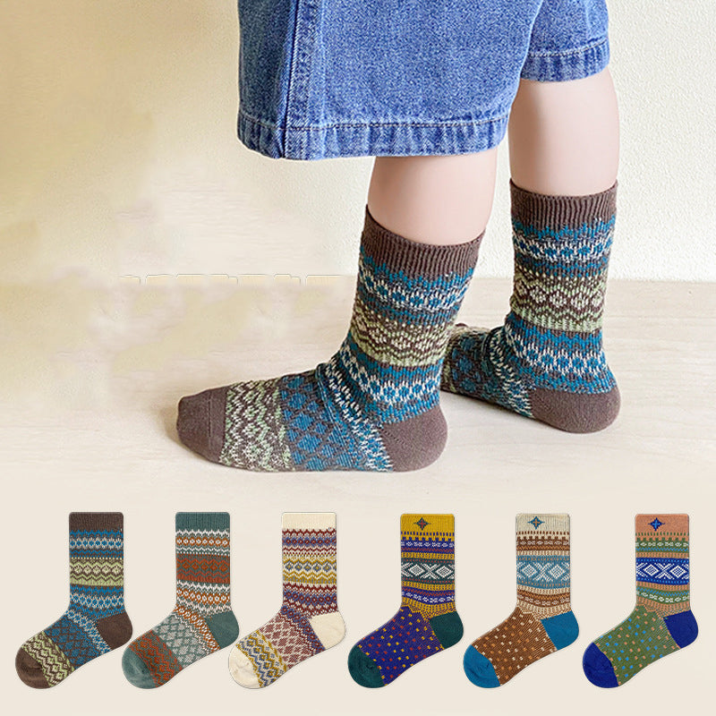 Colorful kids vintage geometric pattern crew socks set made of a soft cotton blend