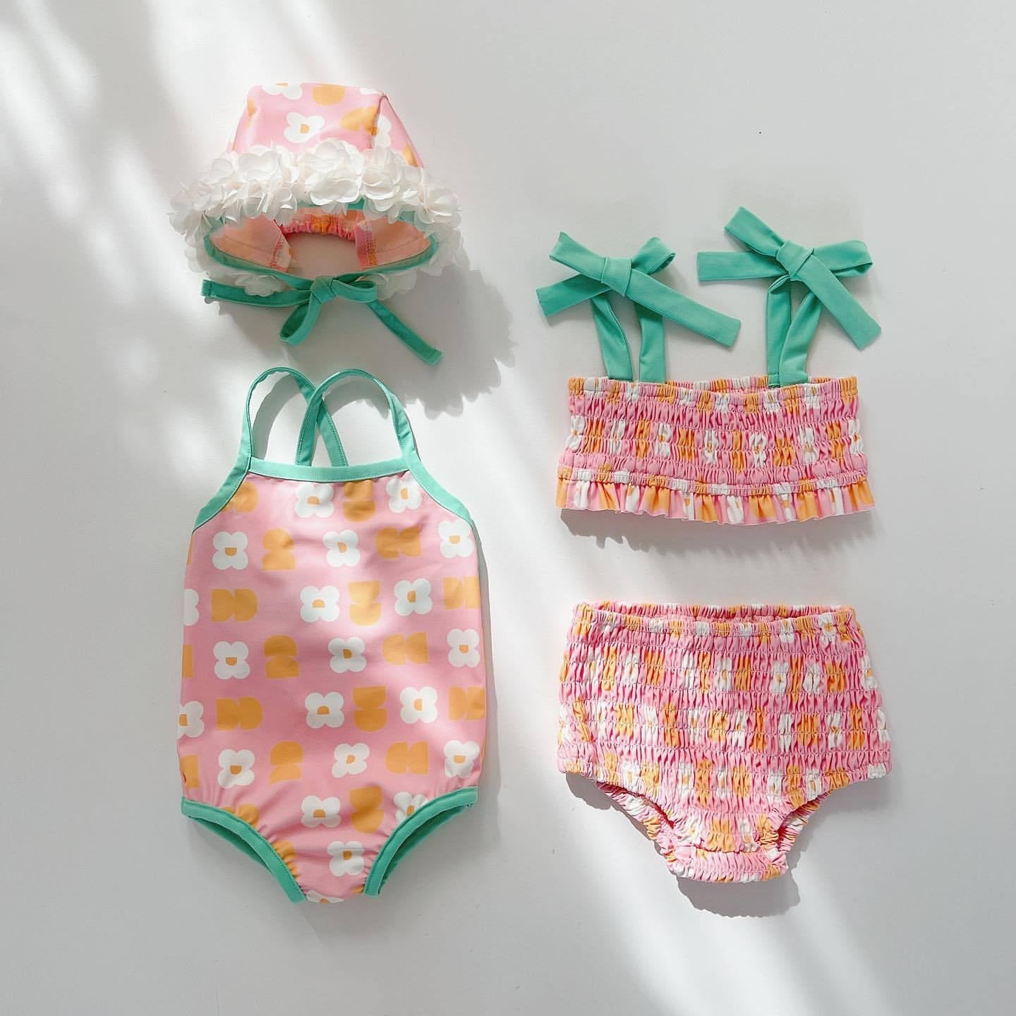 Baby girl floral swimwear set in pink cotton fabric, two piece bathing suit for summer — view 4