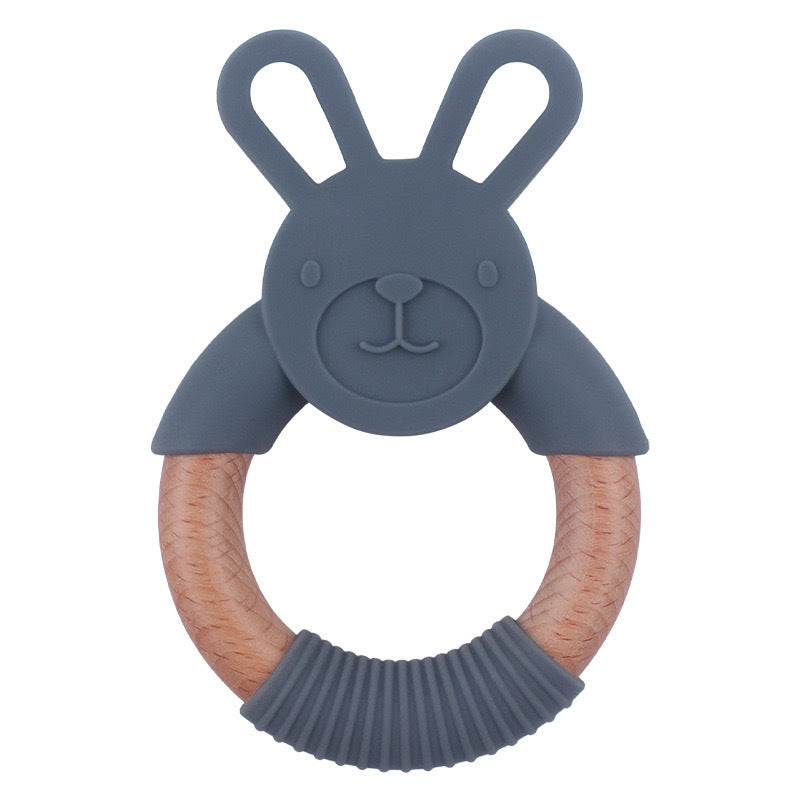 Wooden rabbit teething rattle with food-grade silicone beads in various colors for baby gum relief — view 2