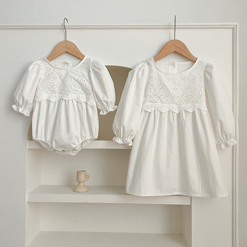 White and ivory lace trim baby girl bodysuit and sister matching floral dress set