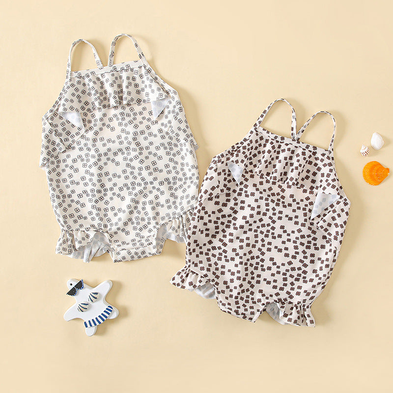 Baby girl floral print sling swimsuit bodysuit with delicate lace detail in earth tones
