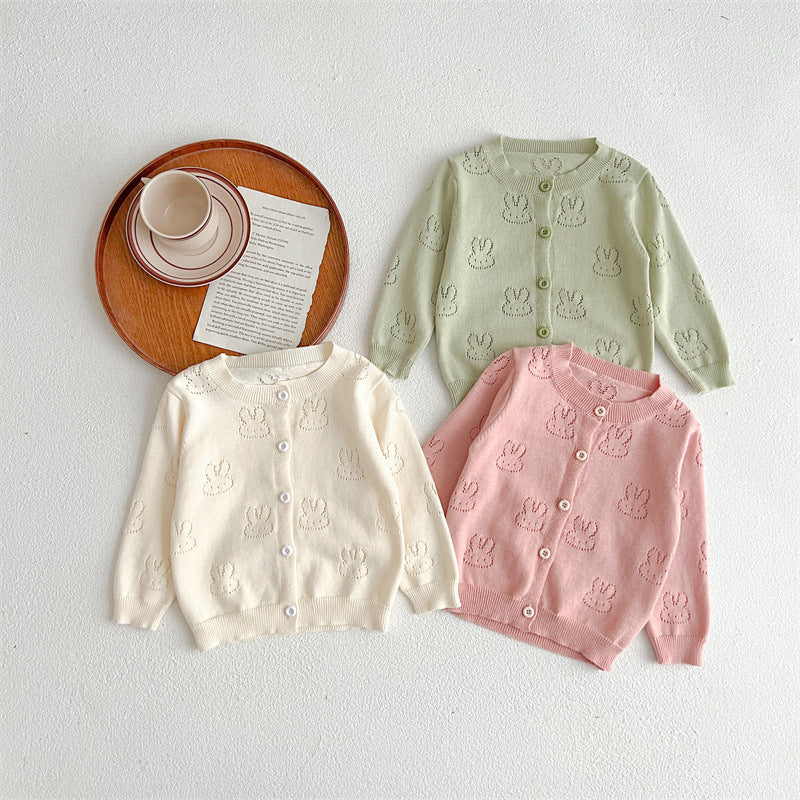 Lightweight solid color cotton knit baby cardigan with long sleeves for gentle summer sun protection