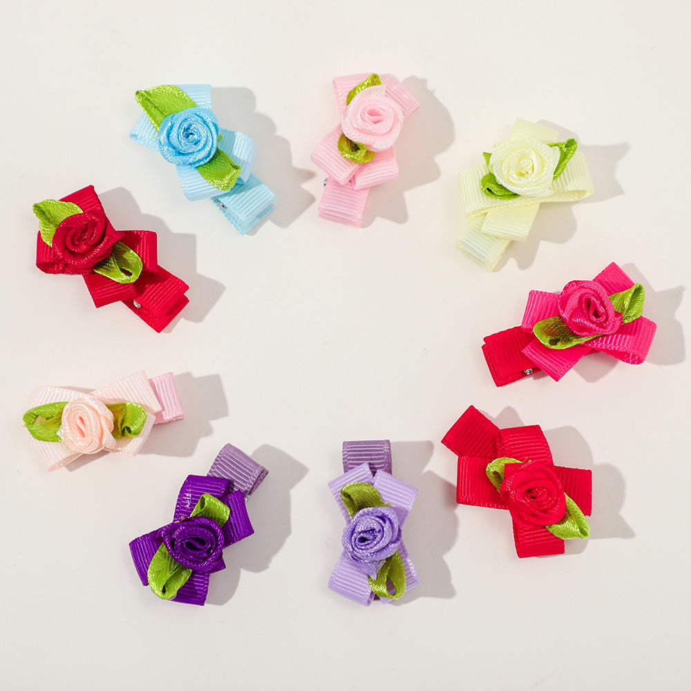 Baby girl ribbon bow hair clip with delicate mesh flower accent in assorted vibrant colors