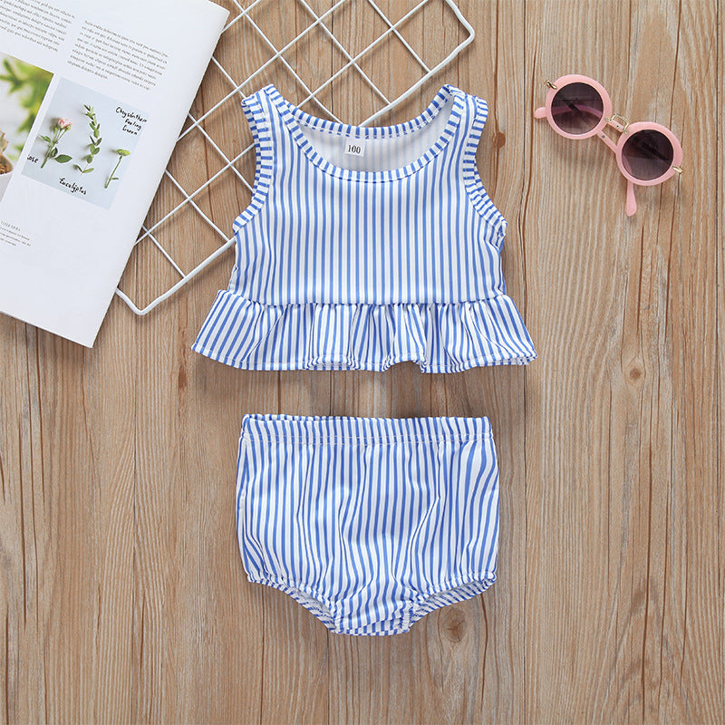 Baby girl striped ruffle one piece swimsuit with matching shorts combo in pink or blue — view 2