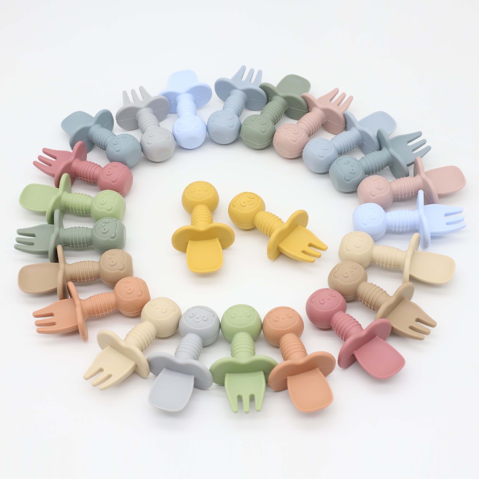 Colorful baby bear silicone spoon and fork training set designed for infant and toddler self-feeding