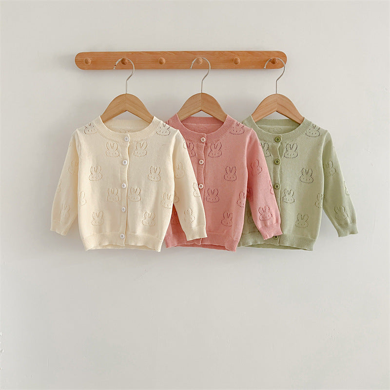 Lightweight solid color cotton knit baby cardigan with long sleeves for gentle summer sun protection — view 2