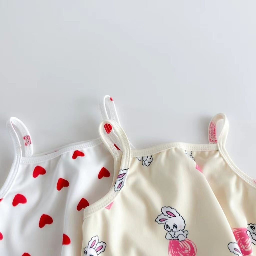 Girls hearts and cartoon swimwear set in white and apricot with matching quick dry sun hat — view 4