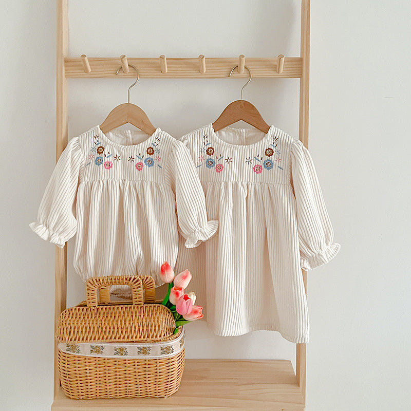 Floral embroidered baby dress in soft white cotton with long sleeves for little girls. — view 2