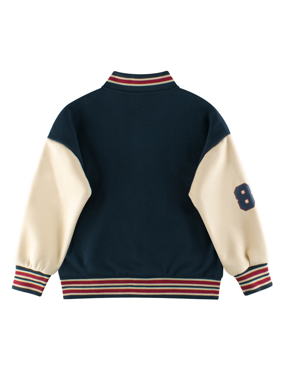 Blue unisex kids baseball jacket with teddy bear print, letter patches, and striped cuffs. — view 3
