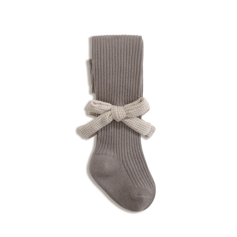 Baby girls knit bow pantyhose in solid color with striped texture and charming side details. — view 2