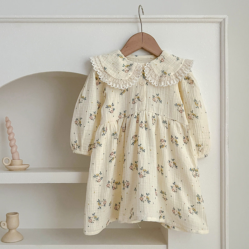 Baby girl lace collar bodysuit and floral pattern dress in pink and beige cotton blend — view 2
