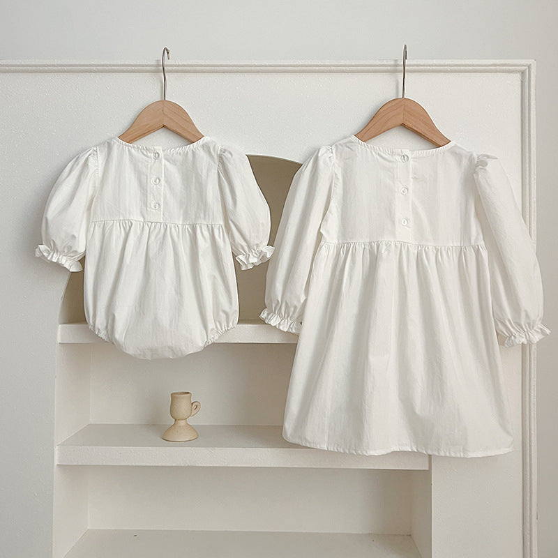 White and ivory lace trim baby girl bodysuit and sister matching floral dress set — view 2