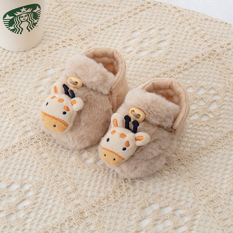 Fleece-lined toddler cotton shoes with anti-slip soles and adorable animal cartoon pattern