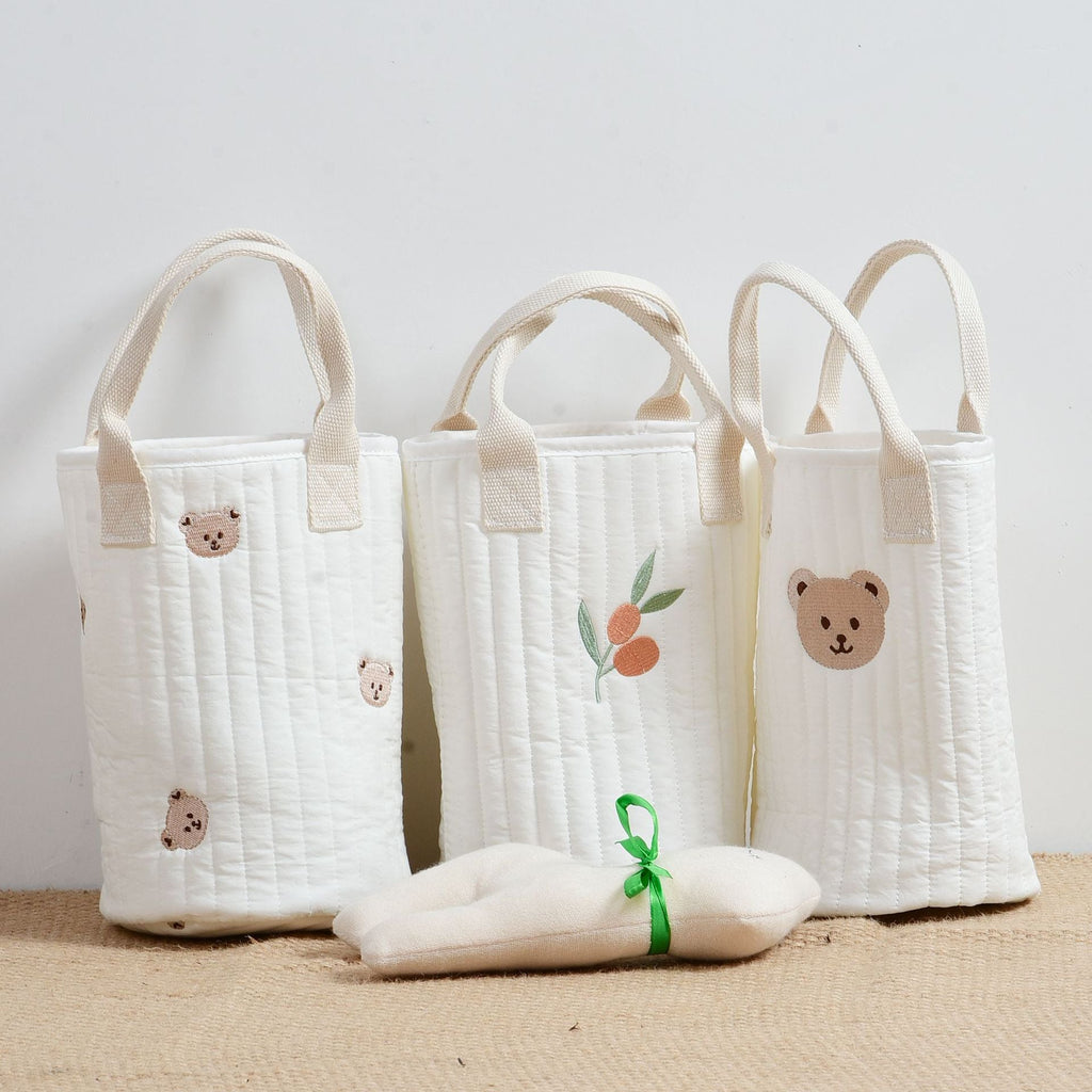 Embroidered cotton mommy handbag with adjustable straps and multiple baby bottle storage compartments.