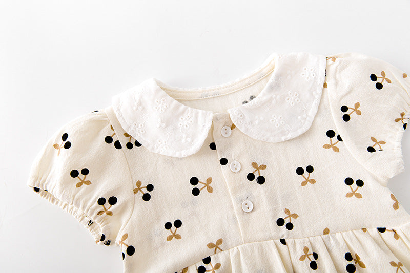 Baby girls cherry print bodysuit in apricot cotton with doll collar and puff sleeves — view 2