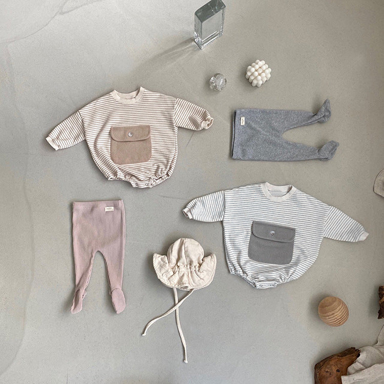 Baby girl striped pattern newborn bodysuit with a large front pocket in soft breathable cotton fabric