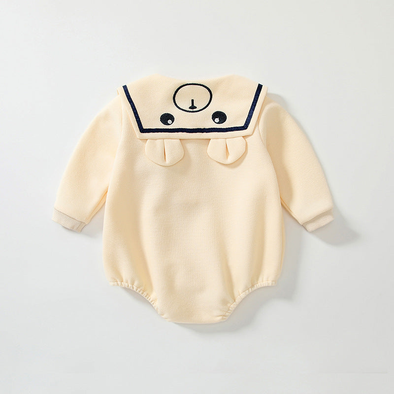 Apricot teddy bear baby bodysuit with classic collar in a soft cotton blend for autumn — view 2