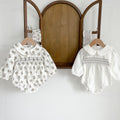 Baby girl floral print long sleeve cotton bodysuit with a vintage doll collar in pink