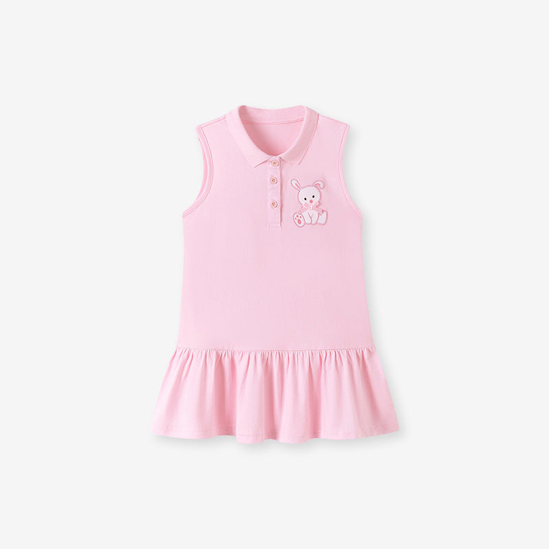Pink cotton sleeveless girls dress featuring adorable teddy bear embroidery for summer outings — view 2