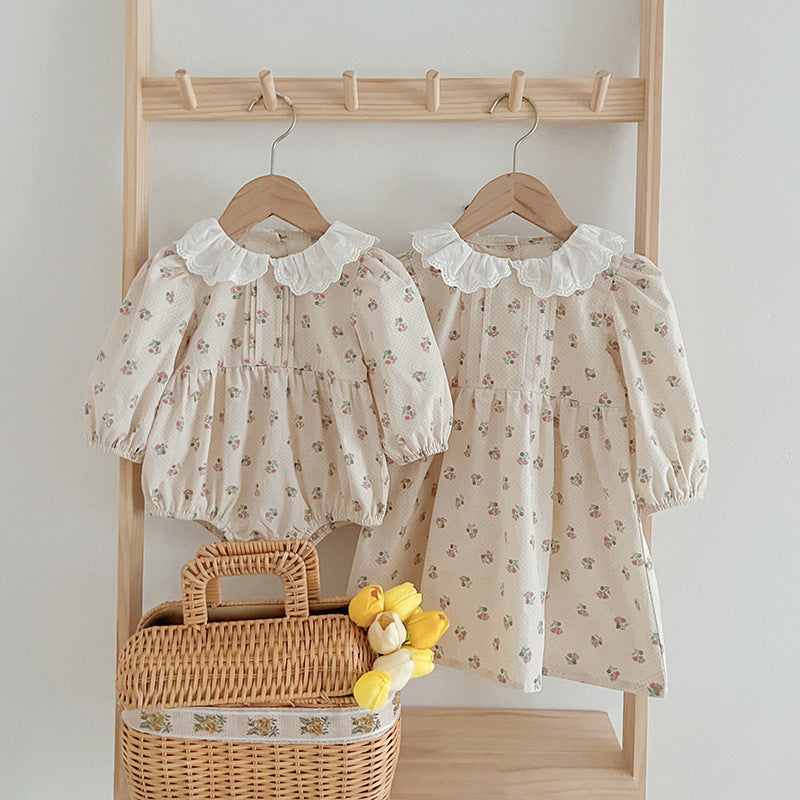 Floral baby doll collar dress set in pink and beige cotton blend for toddler