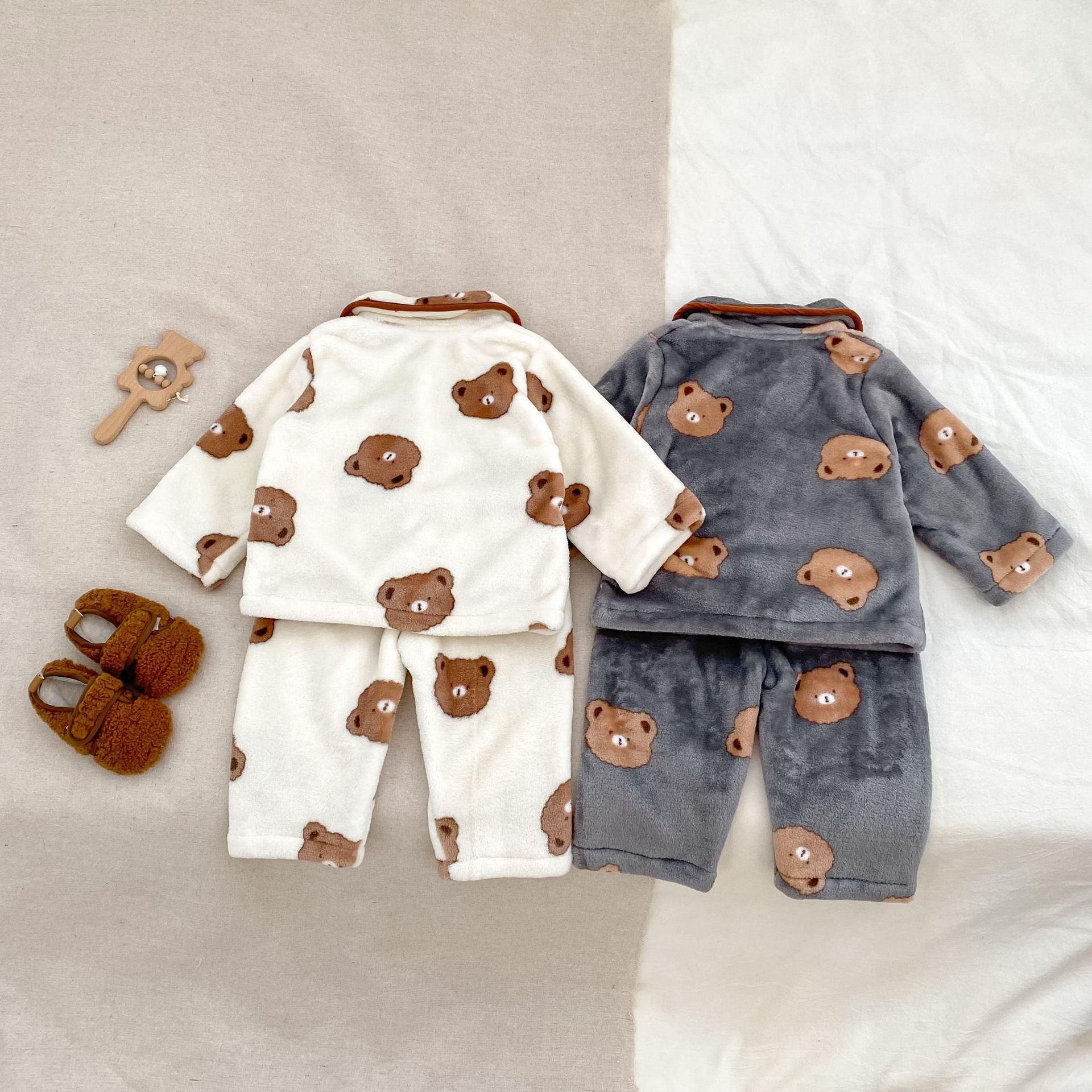 Fluffy warm boys winter pajama set with cute teddy bear pattern top and matching pants — view 4