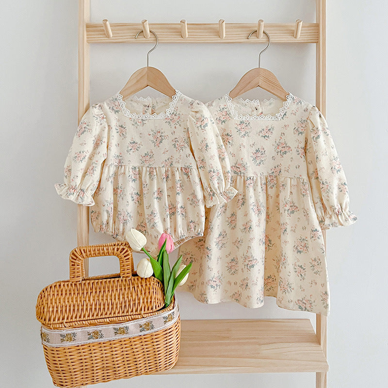 Square neck princess baby dress in white cotton with elegant embroidered floral details — view 2