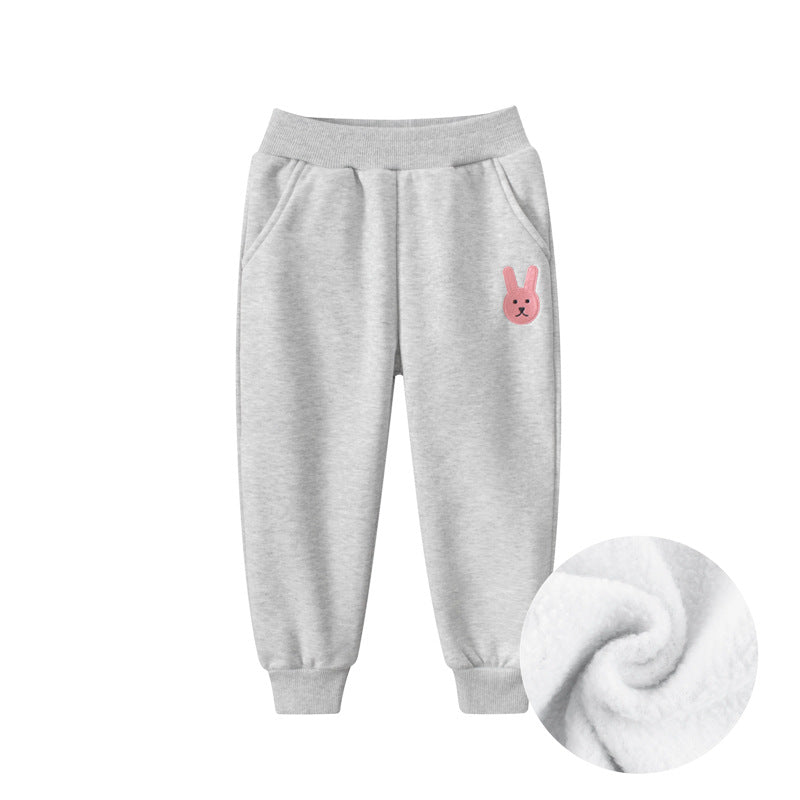 Girls winter fleece leggings in pink featuring cute cartoon rabbit and teddy bear print designs — view 2
