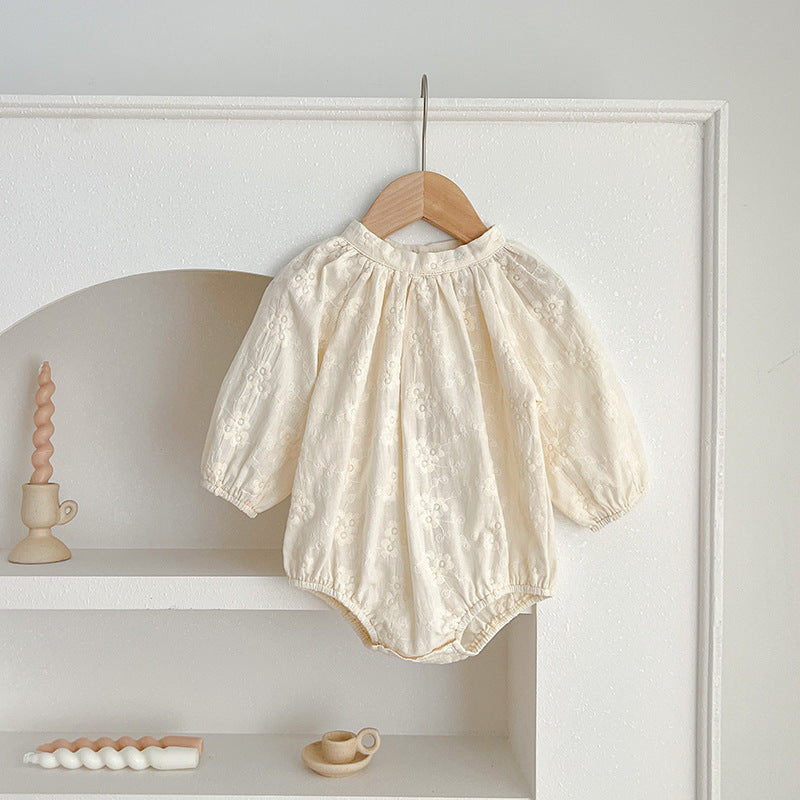 Floral baby girl bodysuit dress in neutral tones with round neckline and snap button bottom closure — view 2