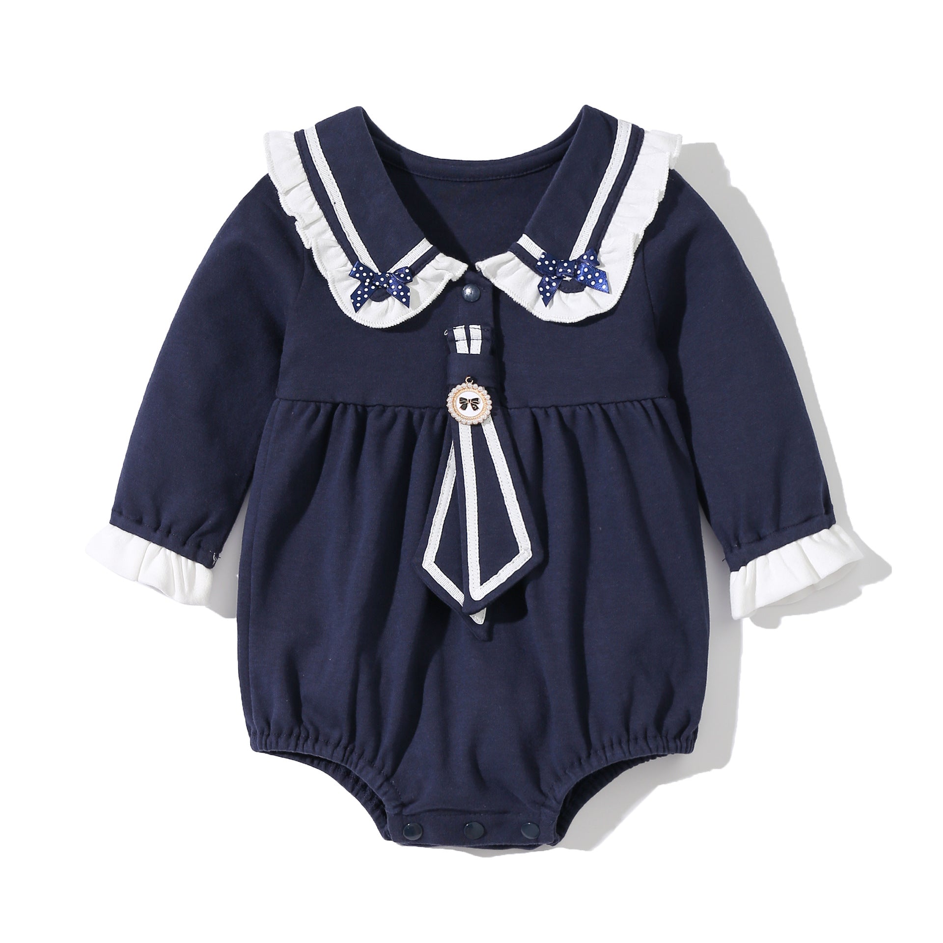 Baby girl sailor bodysuit in white and navy blue with a playful tie-dye patched design — view 2