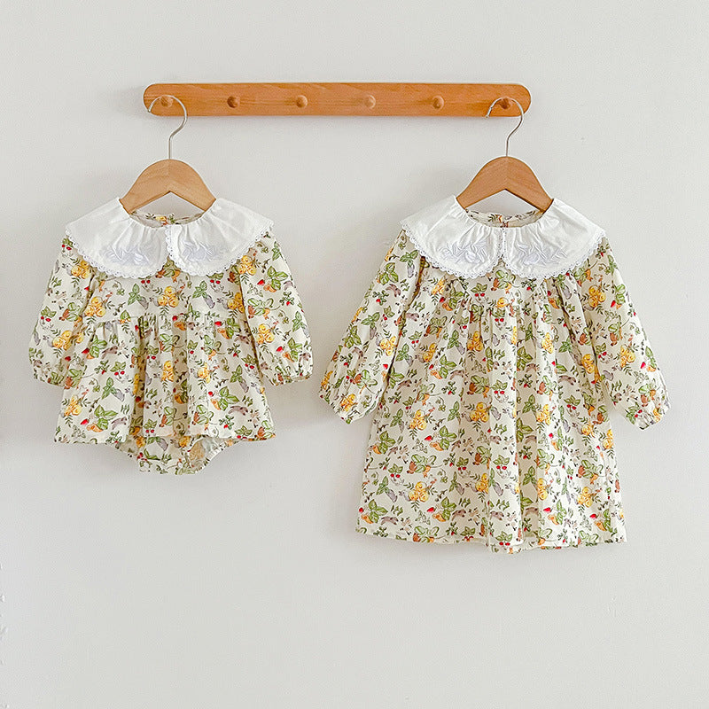 Floral doll neck dress bodysuit in soft cotton, white and yellow long sleeve baby girl outfit — view 2