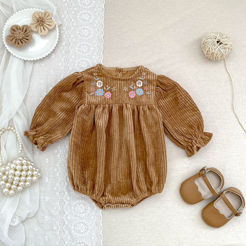 Embroidered baby dress set in brown featuring long sleeves and delicate floral patterns for girls. — view 3