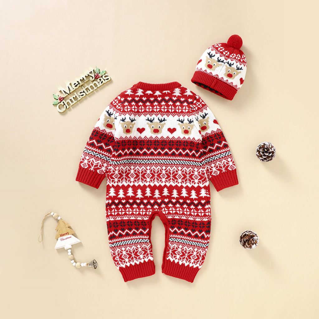 Red cotton baby Christmas pattern newborn romper with festive animal and geometric designs — view 2