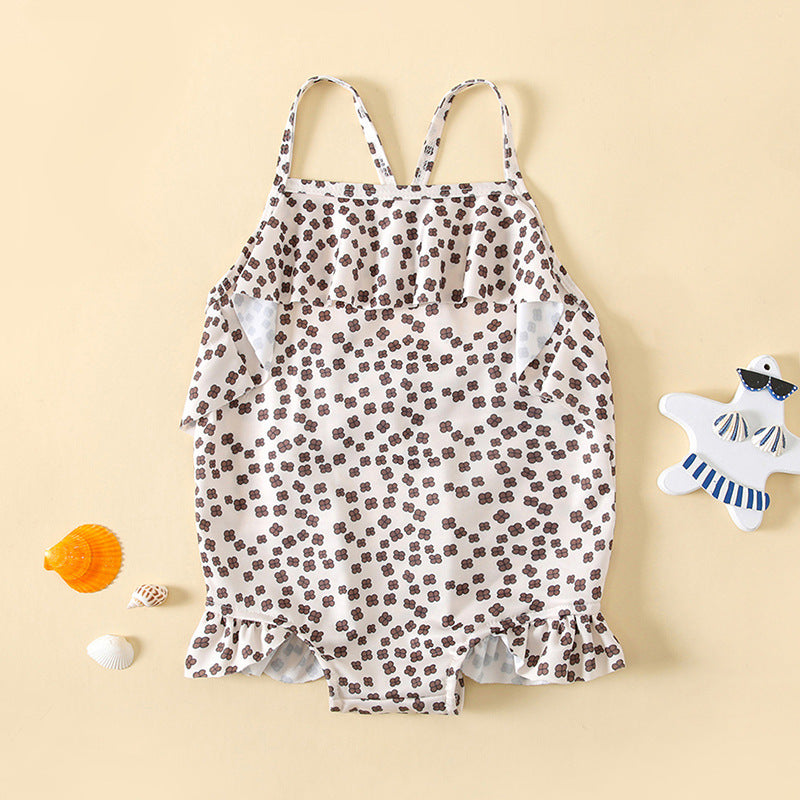 Baby girl floral print sling swimsuit bodysuit with delicate lace detail in earth tones — view 2
