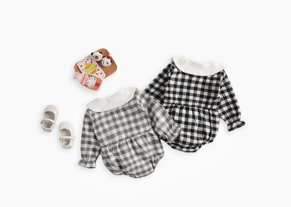 Baby girl long sleeve cotton bodysuit in classic plaid pattern with delicate doll collar. — view 2