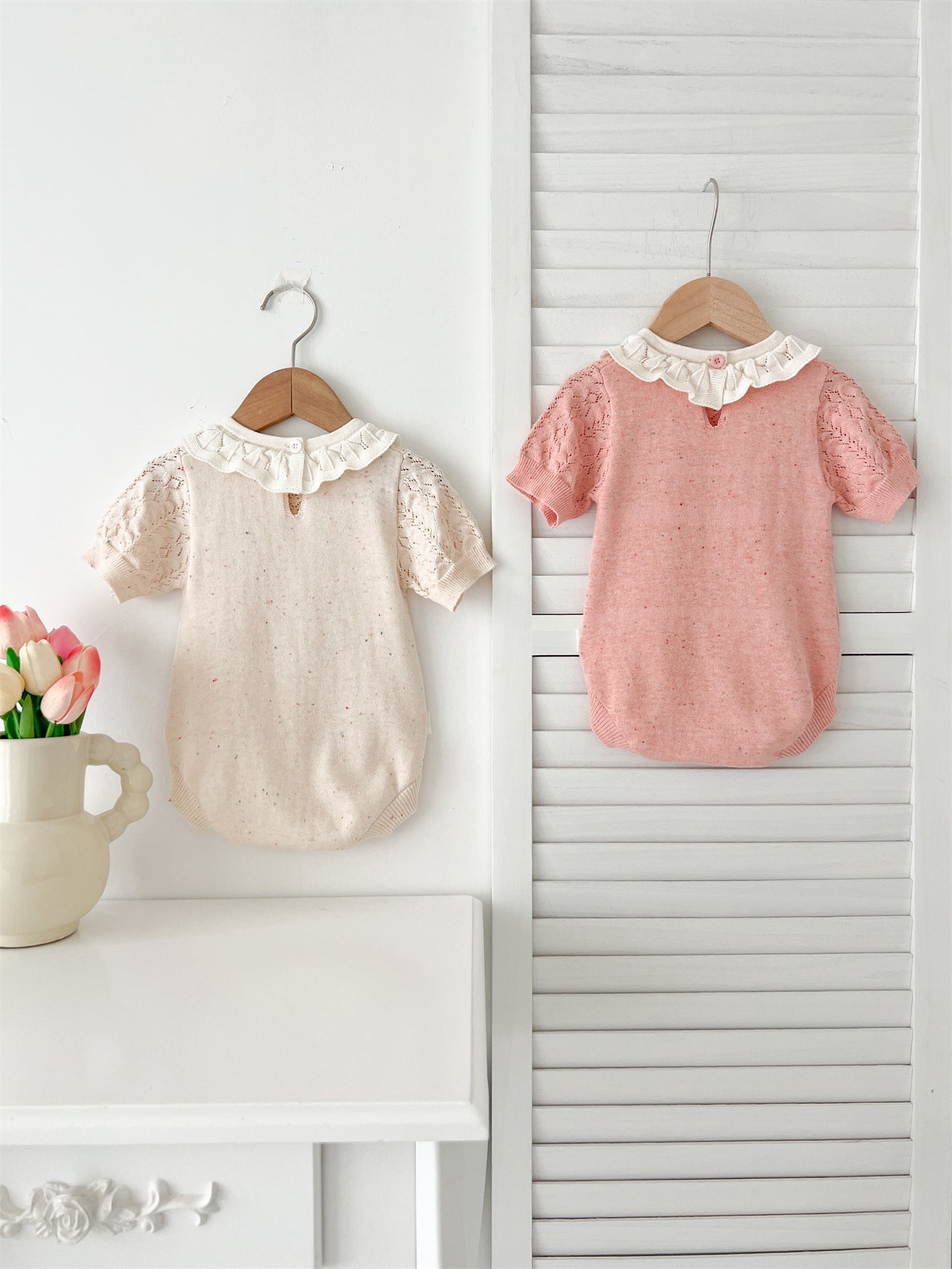 Arrival Summer Baby Kids Girls Knitted Ruffled Collar Hollow Out Short Sleeves bodysuit