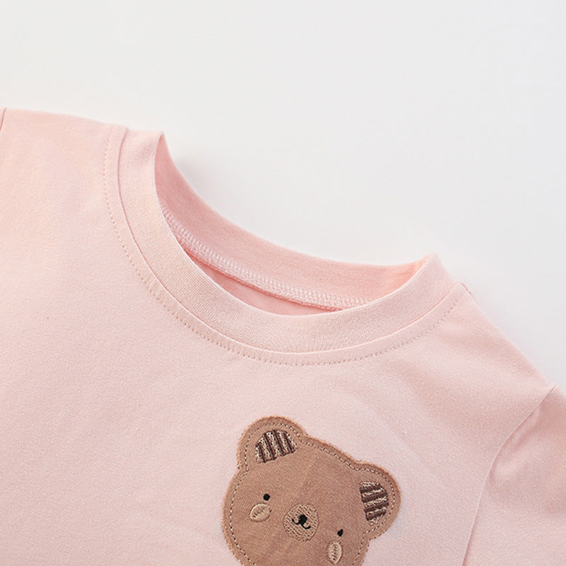 Pink girls summer dress featuring a charming teddy bear and polka dot pattern — view 3
