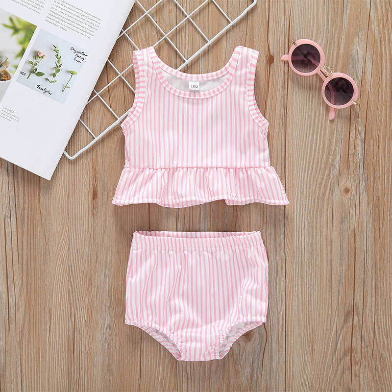 Baby girl striped ruffle one piece swimsuit with matching shorts combo in pink or blue