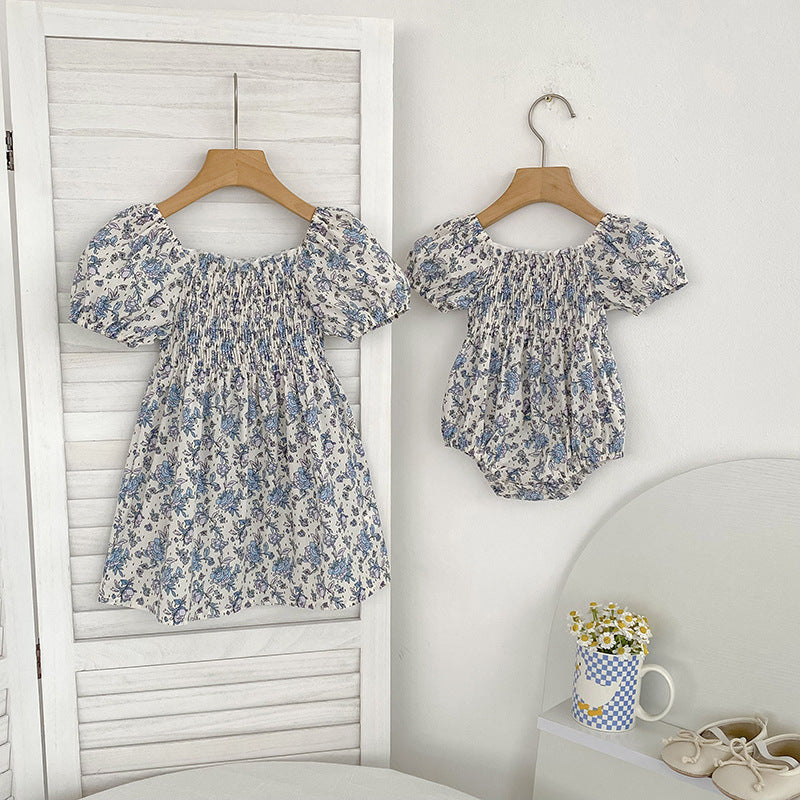 Summer Baby Girls French-style Flowers Pattern Short-sleeved bodysuit and Dress – Princess Sister Matching